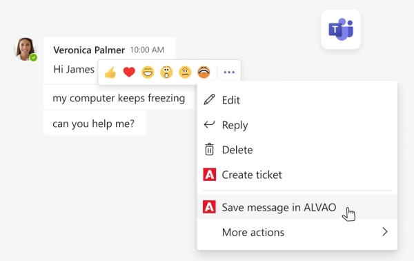 Create new tickets and save messages into ALVAO right from Teams chat