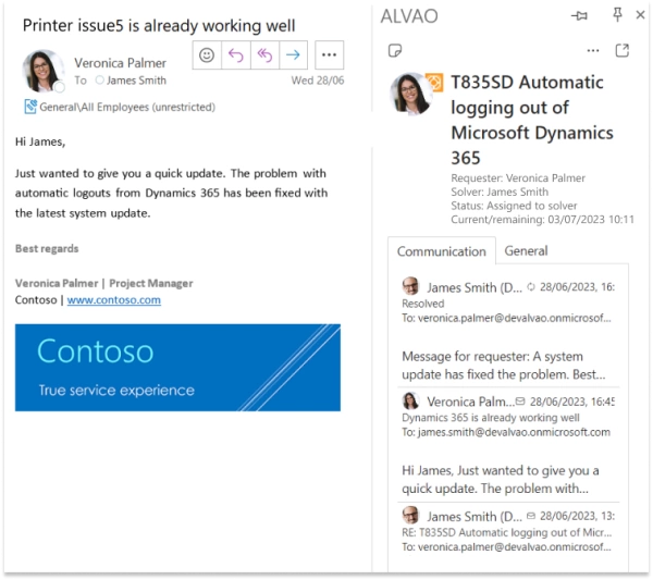 With ALVAO for Outlook, you can see the entire ticket history