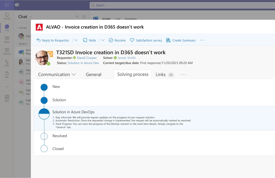 Open a ticket from ALVAO directly from ticket dashboard in Microsoft Teams